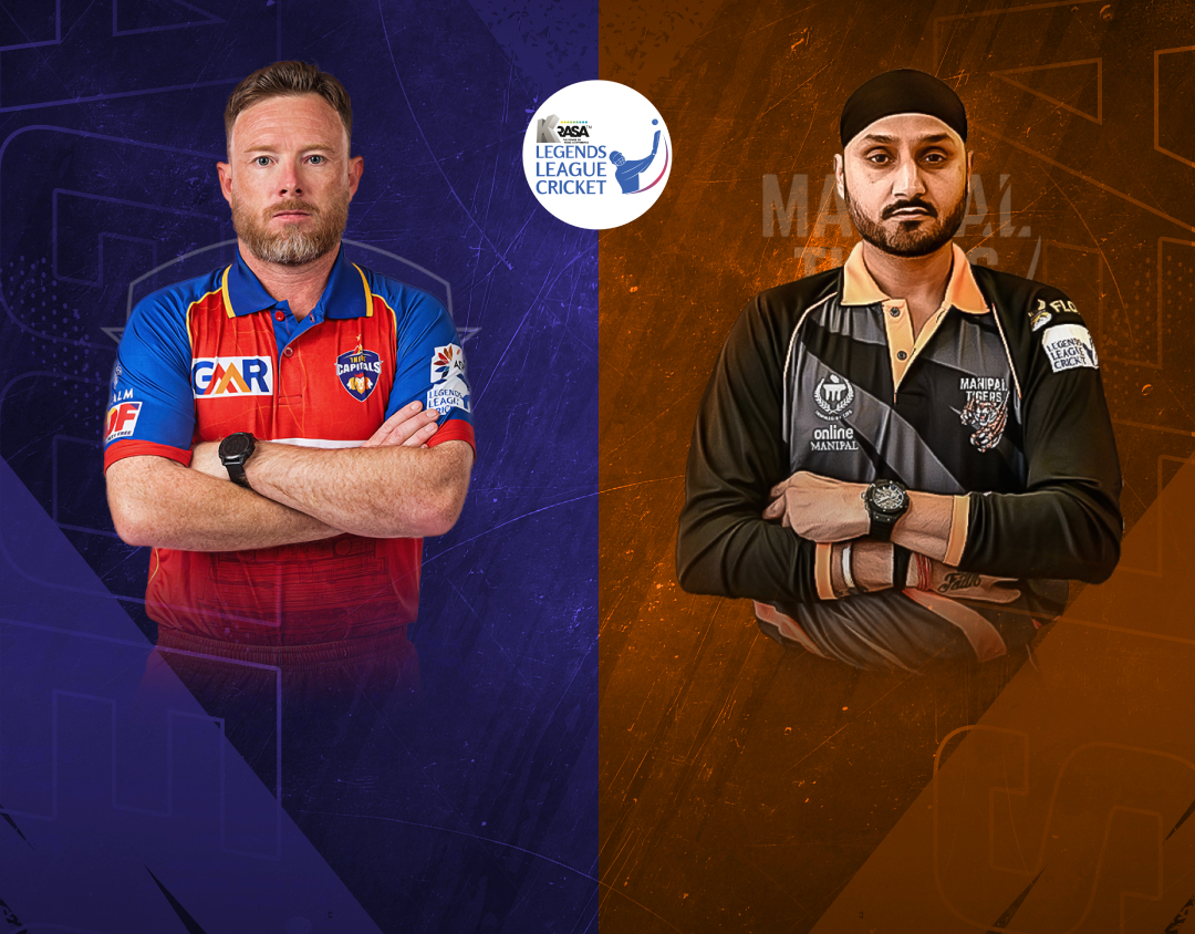 Match #20 of legends league cricket, 2024: india capitals vs manipal tigers banner