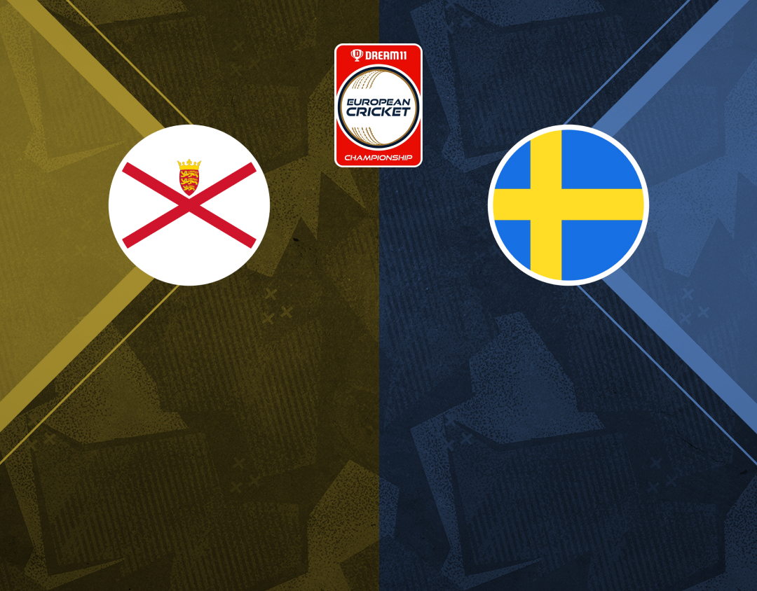 Match #95 of dream11 european cricket championship, 2024: jersey vs sweden banner