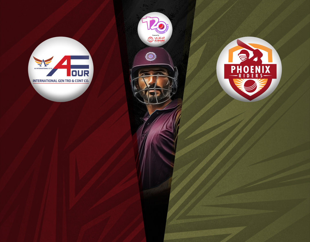 Match 34 of kcc t20 challengers a league, 2024-25: a four cc vs phoenix riders banner