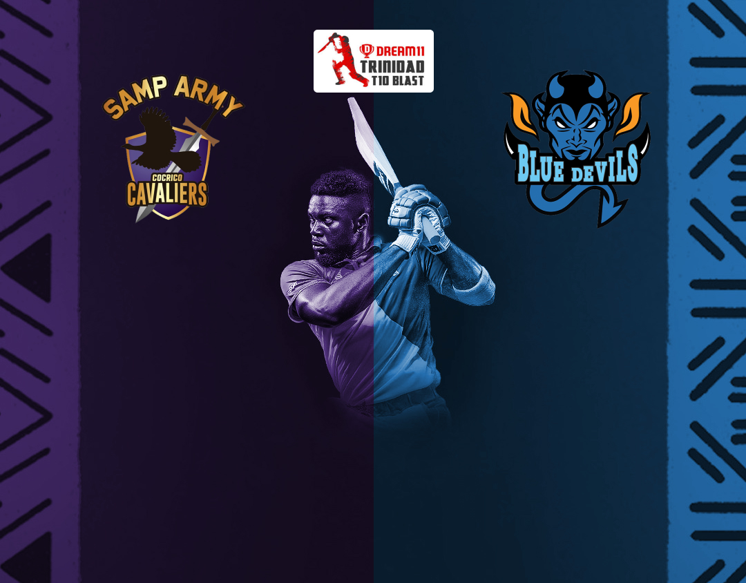 Match 7 of dream11 trinidad t10 blast, 6th edition, 2024: samp army cocrico cavaliers vs blue devils banner