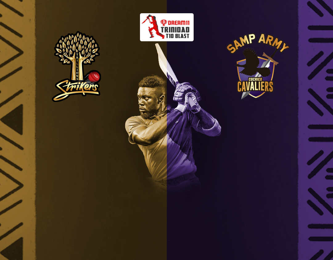 Match 12 of dream11 trinidad t10 blast, 6th edition, 2024: trillions system ltd strikers vs samp army cocrico cavaliers banner