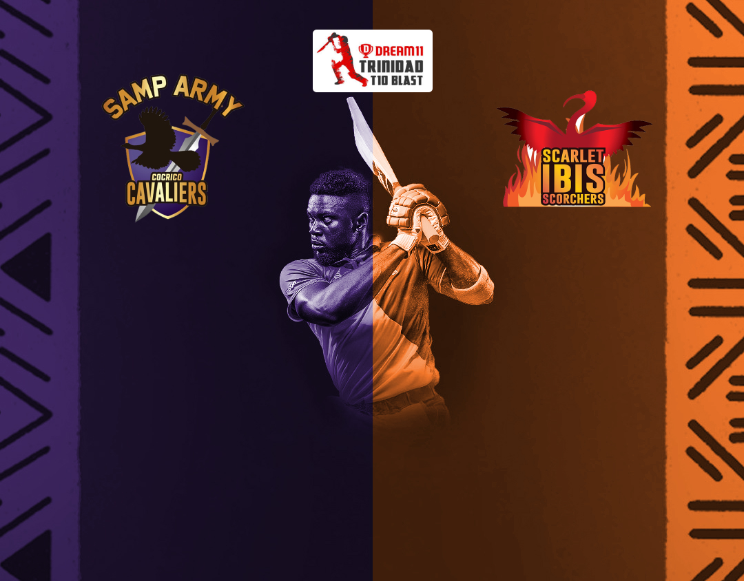Match 22 of dream11 trinidad t10 blast, 6th edition, 2024: samp army cocrico cavaliers vs scarlet ibis scorchers banner