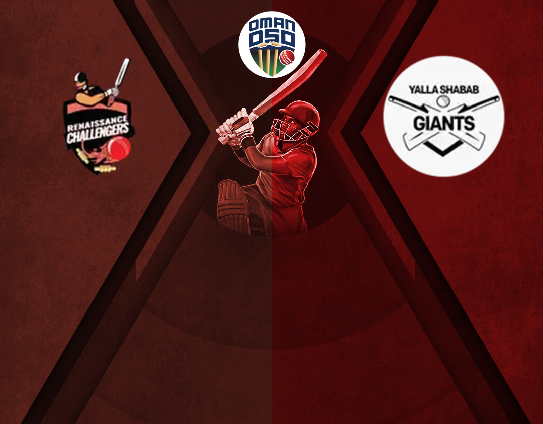 Match 3 of oman d50 league, 2025: renaissance challengers vs yalla shabab giants banner