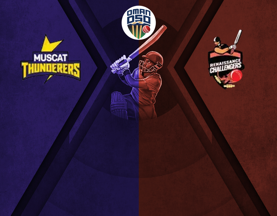 Match 5 of oman d50 league, 2025: muscat thunders vs renaissance challengers banner