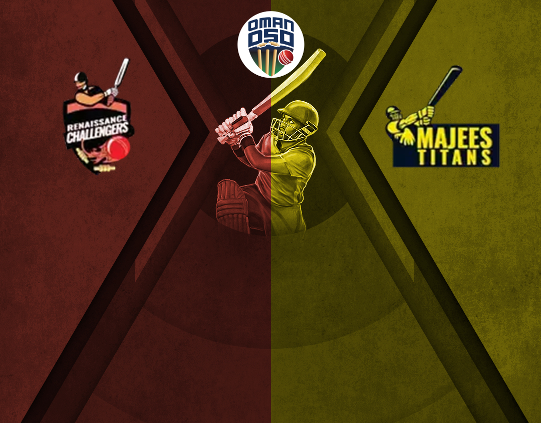 Match 8 of oman d50 league, 2025: renaissance challengers vs majees titans banner