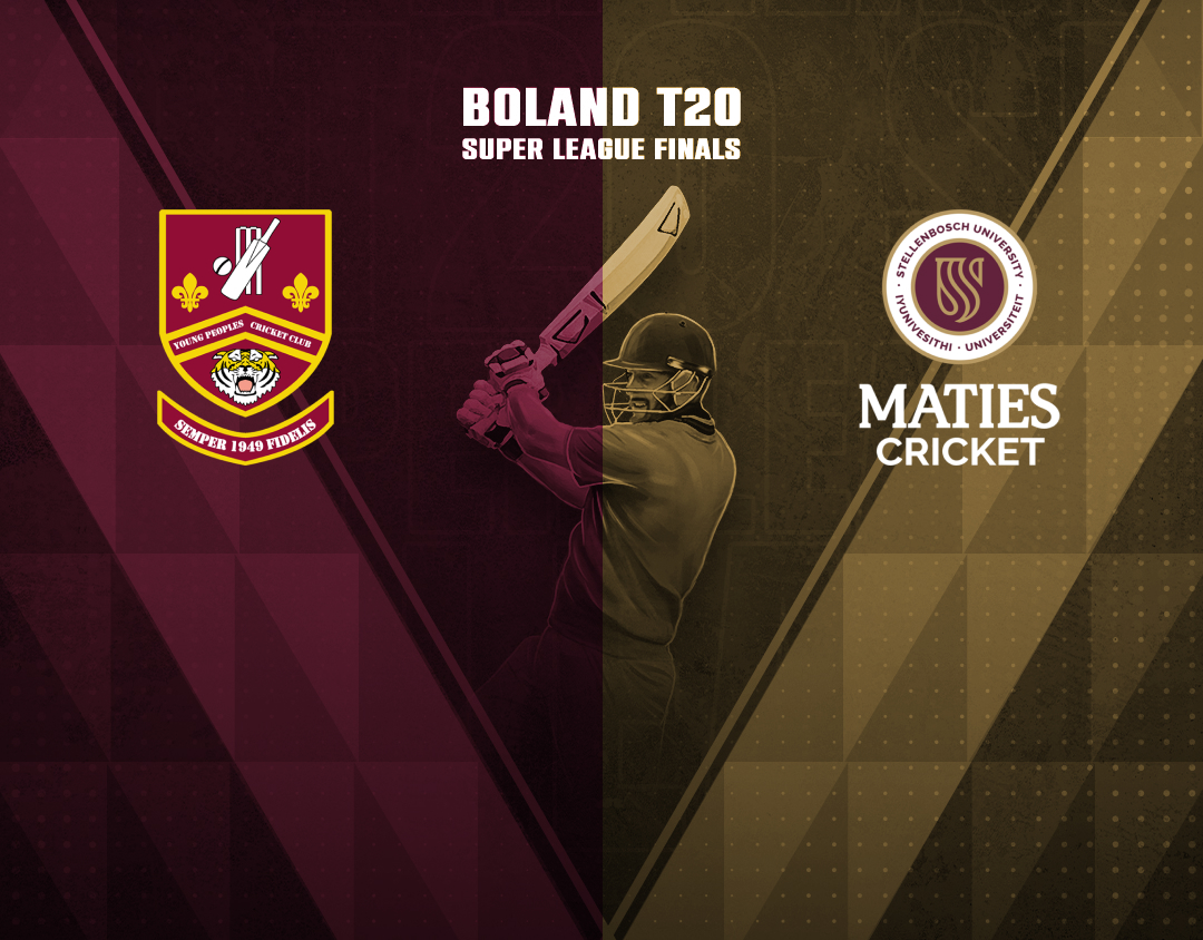 Match 10 of boland t20 super league finals, 2025: giflo young peoples cc vs maties cricket club banner