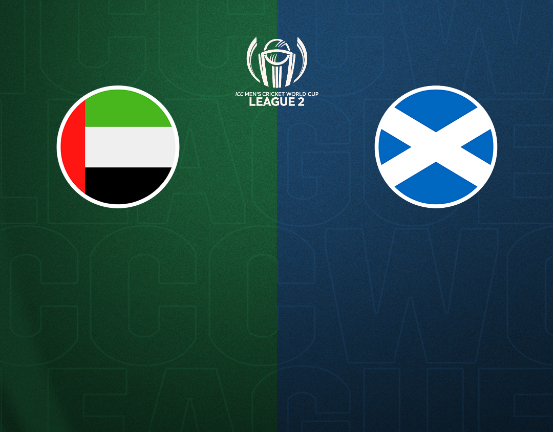 Match 61 of icc cwc league 2, 2023-27: united arab emirates vs scotland banner