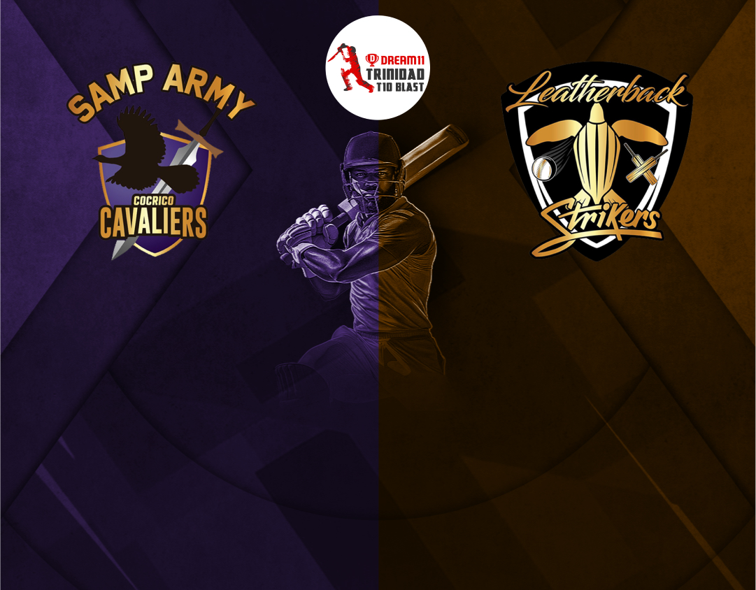 Match 18 of dream11 trinidad t10 blast, 7th edition, 2025: samp army cocrico cavaliers vs leatherback strikers banner
