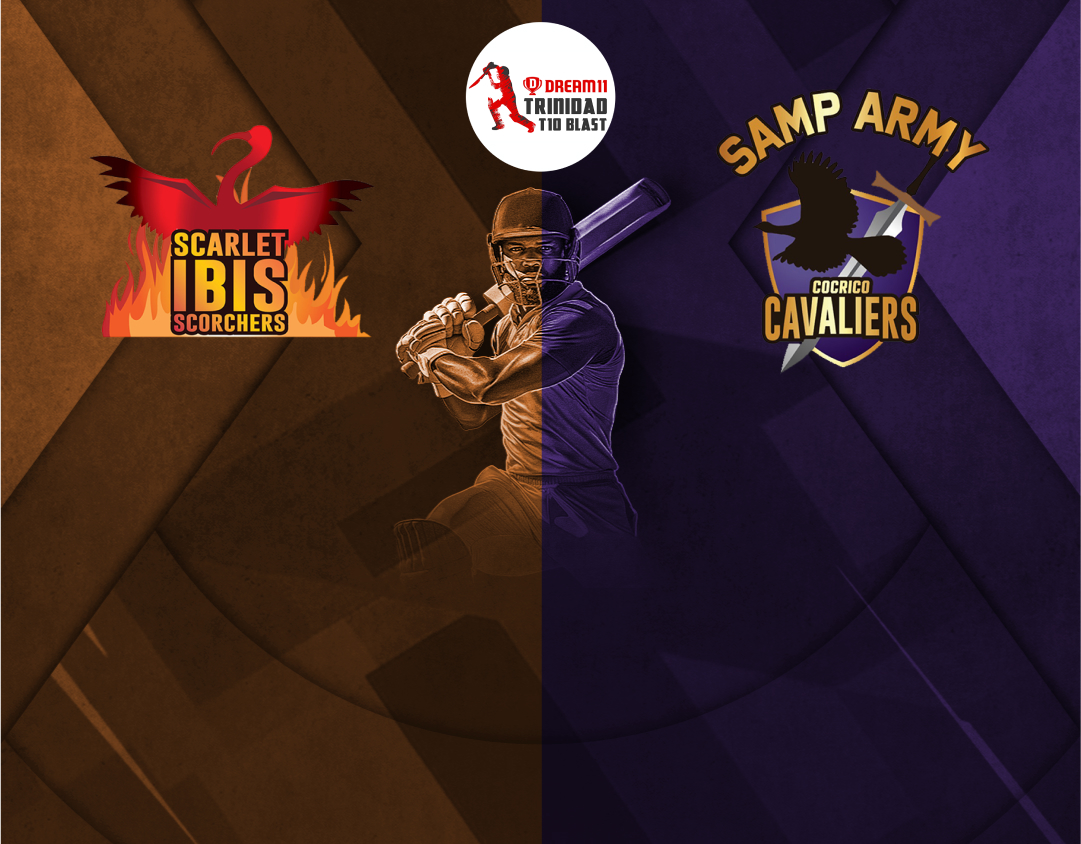 Match 25 of dream11 trinidad t10 blast, 7th edition, 2025: scarlet ibis scorchers vs samp army cocrico cavaliers banner