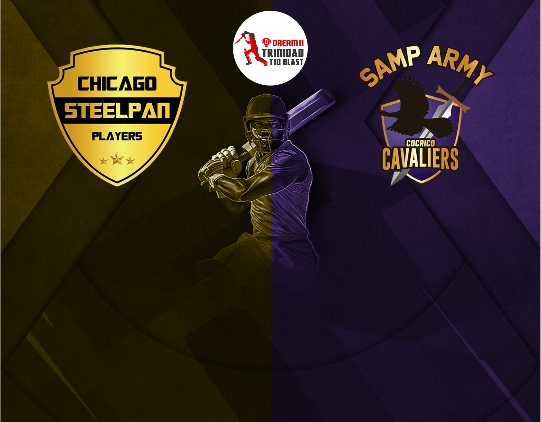 Match 28 of dream11 trinidad t10 blast, 7th edition, 2025: chicago steelpan players vs samp army cocrico cavaliers banner