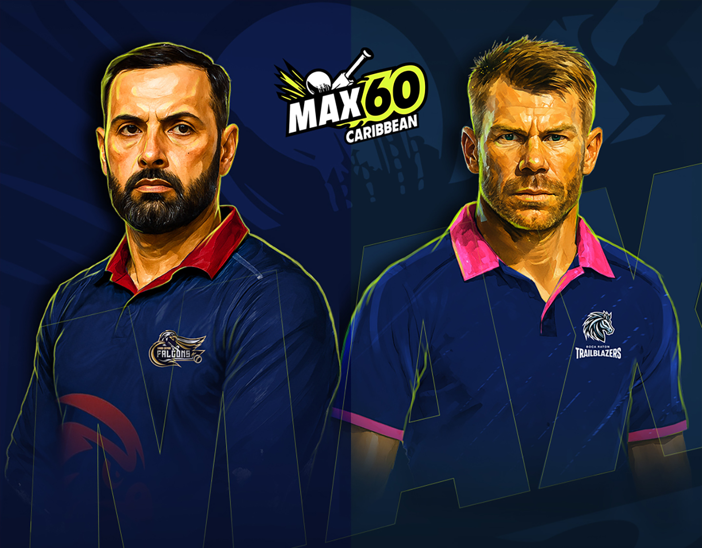 Match 26 of max60 season 2, 2025: grand cayman falcons vs boca raton trailblazers banner