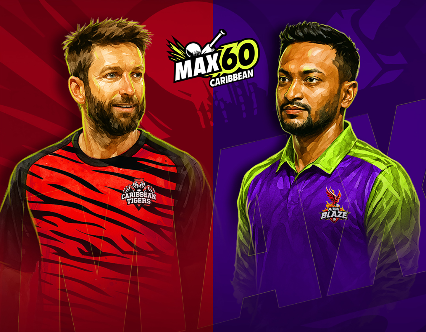 Match 27 of max60 season 2, 2025: caribbean tigers vs miami blaze banner