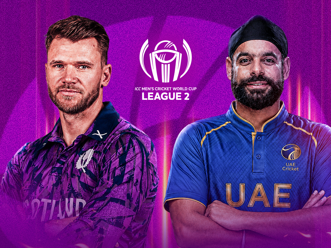 Match 125 of icc cwc league 2 scotland, 2026: scotland vs united arab emirates banner