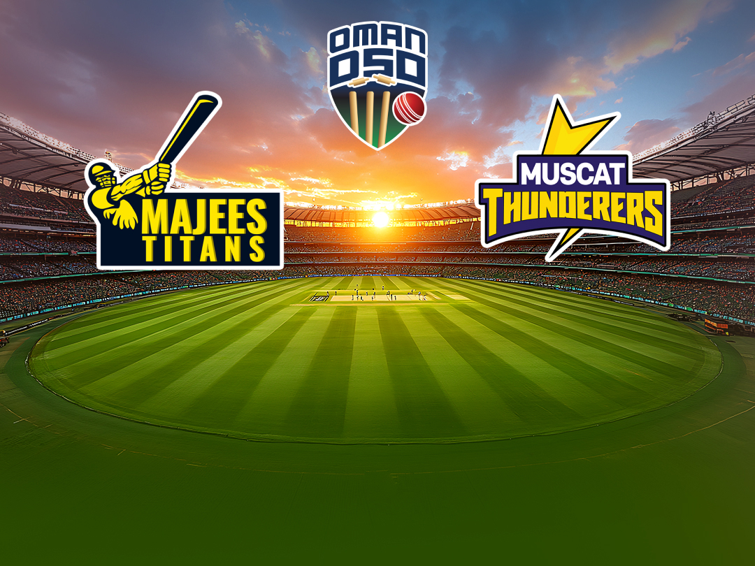 Match 3 of oman d50 2026: majees titans vs muscat thunders banner