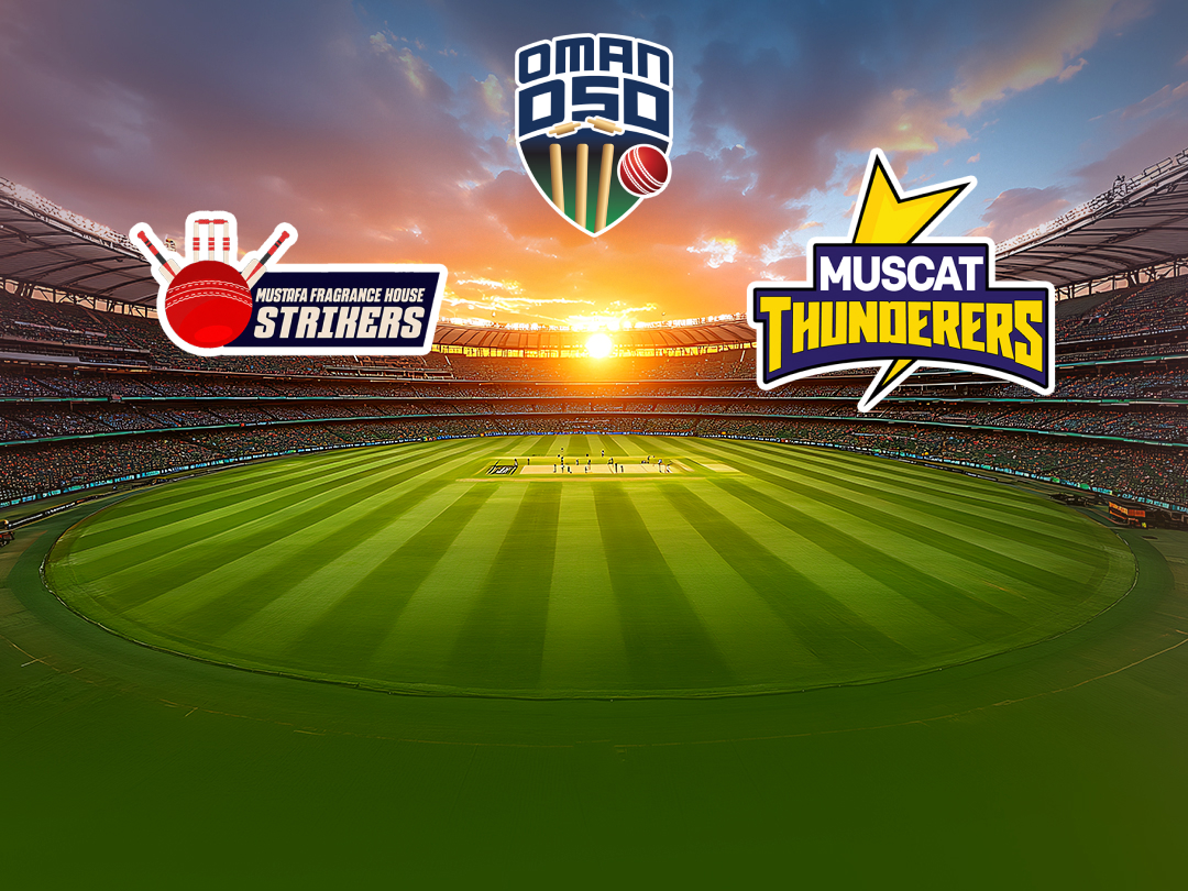 Match 7 of oman d50 2026: mustafa fragrance house strikers vs muscat thunders banner