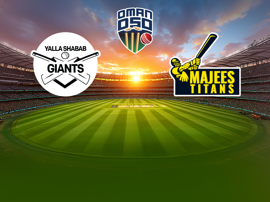 Match 8 of oman d50 2026: yalla shabab giants vs majees titans banner
