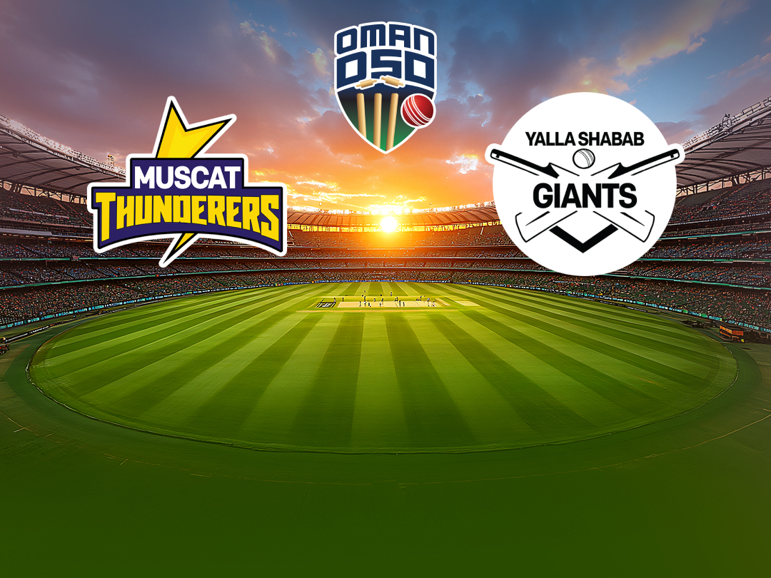 Match 12 of oman d50 2026: muscat thunders vs yalla shabab giants banner