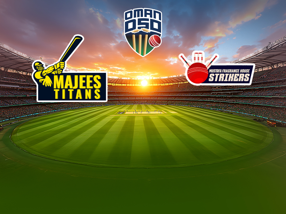 Match 15 of oman d50 2026: majees titans vs mustafa fragrance house strikers banner