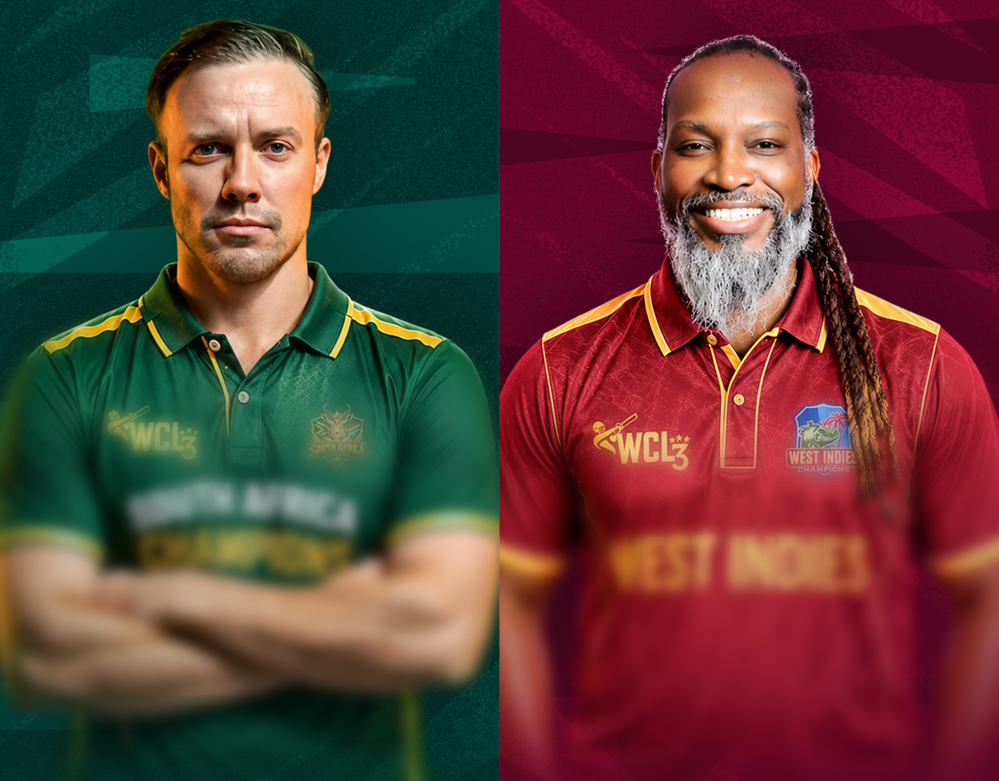 Match 3 of world championship of legends, 2026: south africa champions vs west indies champions banner