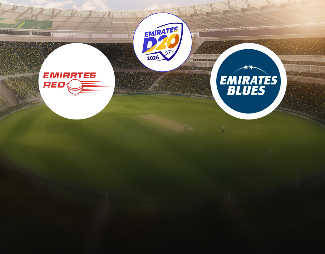 Match 13 of emirates d20, 2026: emirates red vs emirates blues banner