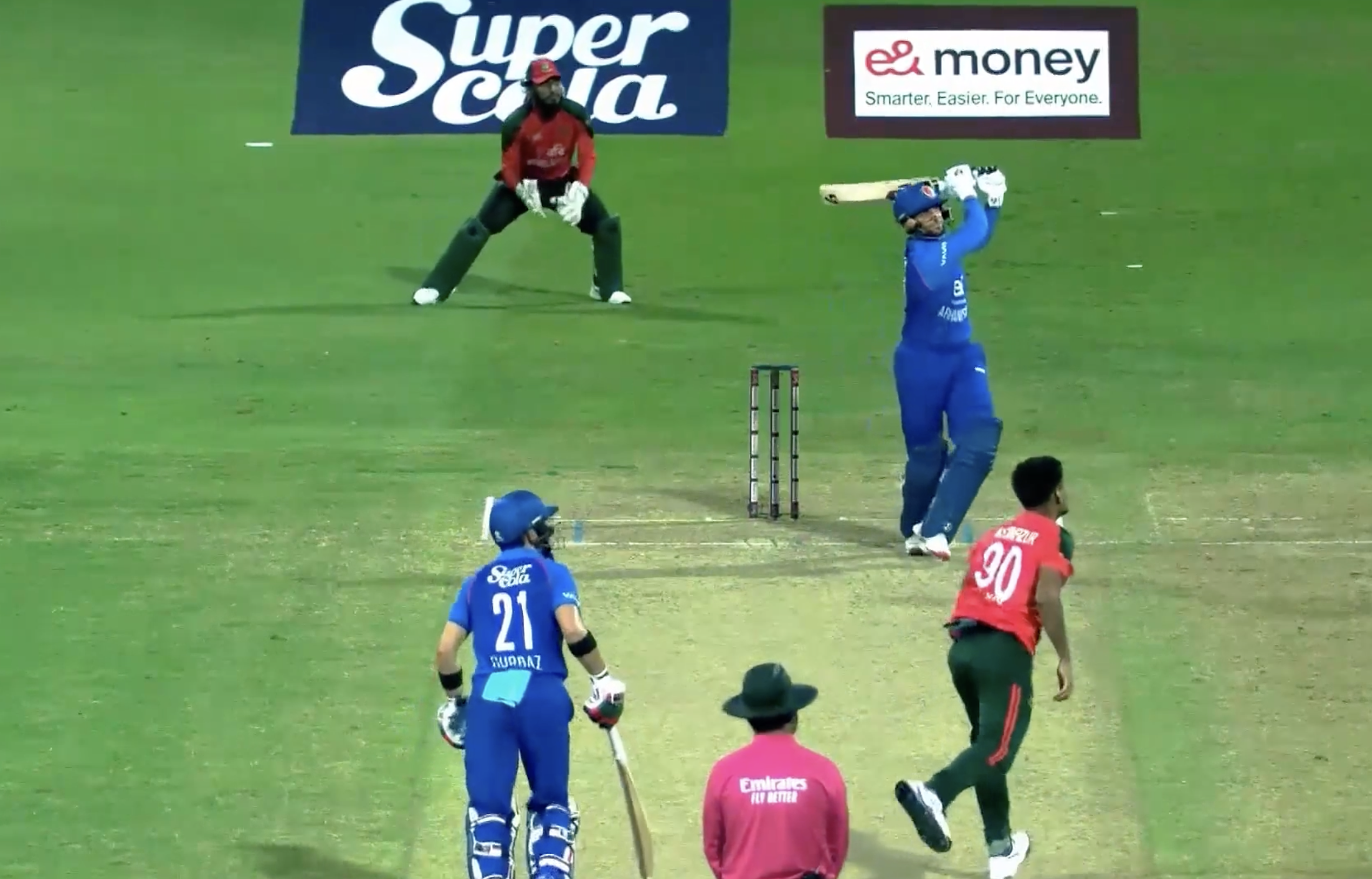 CLOBBERED! Omarzai smashed Mustafizur for an 87-metre six