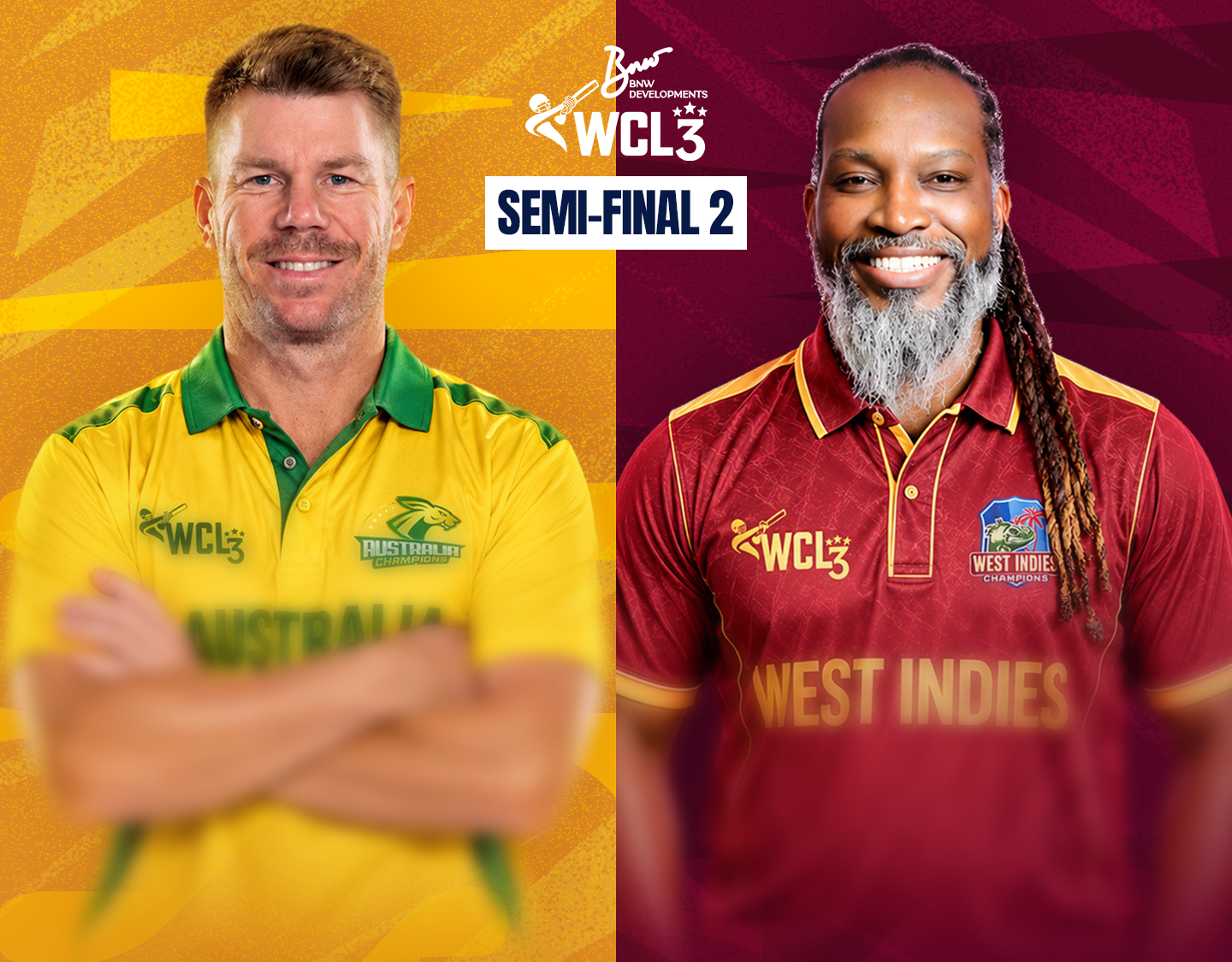 2nd semi-final of world championship of legends, 2026: australia champions vs west indies champions banner