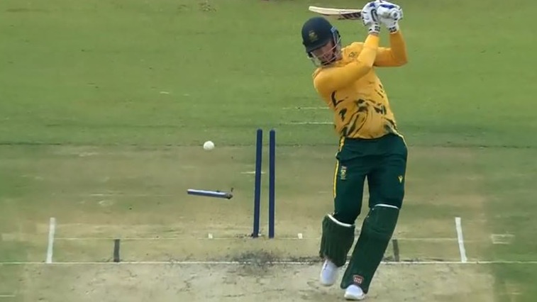Mayhem! Adam Milne's ripper sent the off stump for a walk