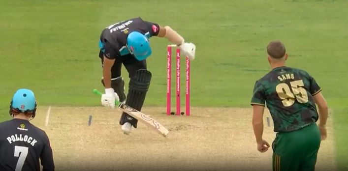 OOPS! Batter slipped out of the crease and into the pavilion
