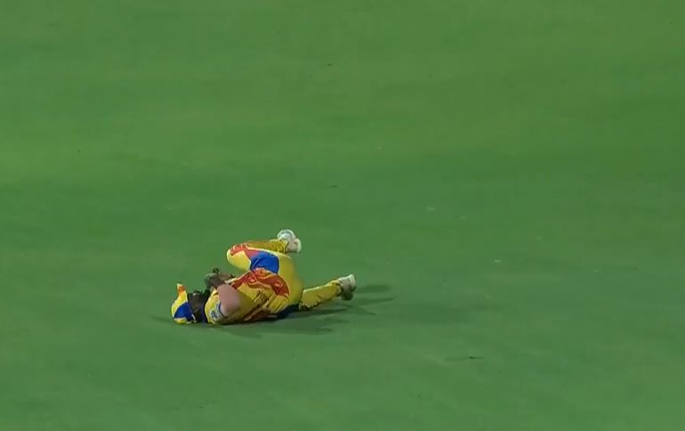 TOP DRAWER CATCH! M Karthik Saran soared for a screamer