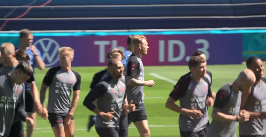 Crown Prince Frederik visits Denmark training ahead of the game against Belgium