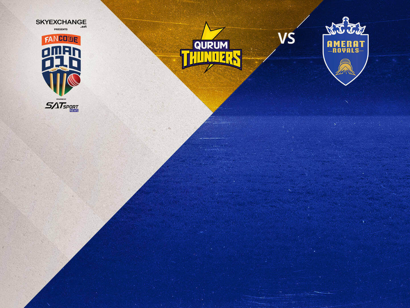 Match 25 of fancode oman d10, 2022: qurum thunders vs amerat royals banner
