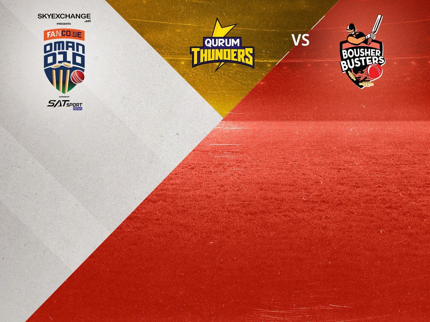 Match 2 of fancode oman d10, 2022: qurum thunders vs bousher busters banner