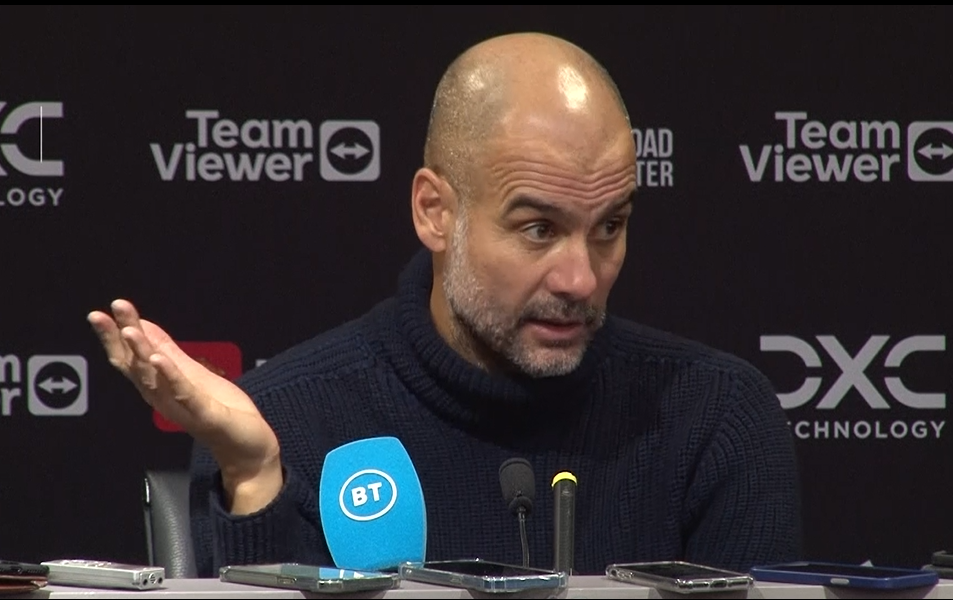 Unhappy Pep Guardiola speaks on loss in Manchester Derby due to controversial goal