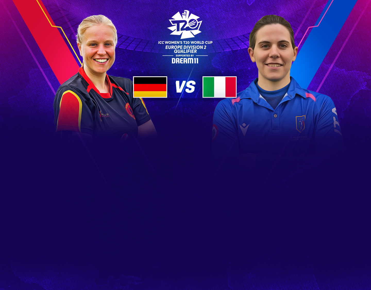 Match 9 of icc women's world t20 europe qualifier div 2: germany women vs italy women banner