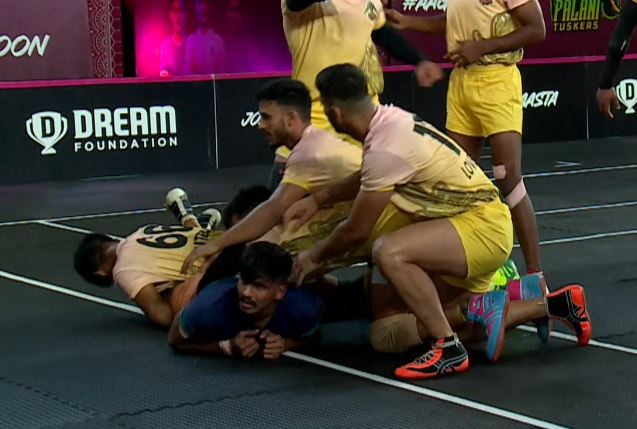 Nitin Chandel puts on a superb tackle