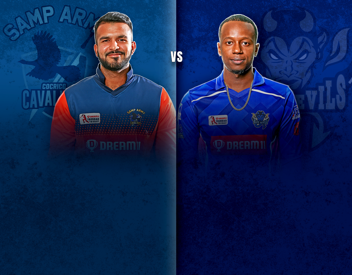 Eliminator of dream11 trinidad t10 blast, 4th edition, 2023: samp army cocrico cavaliers vs blue devils banner