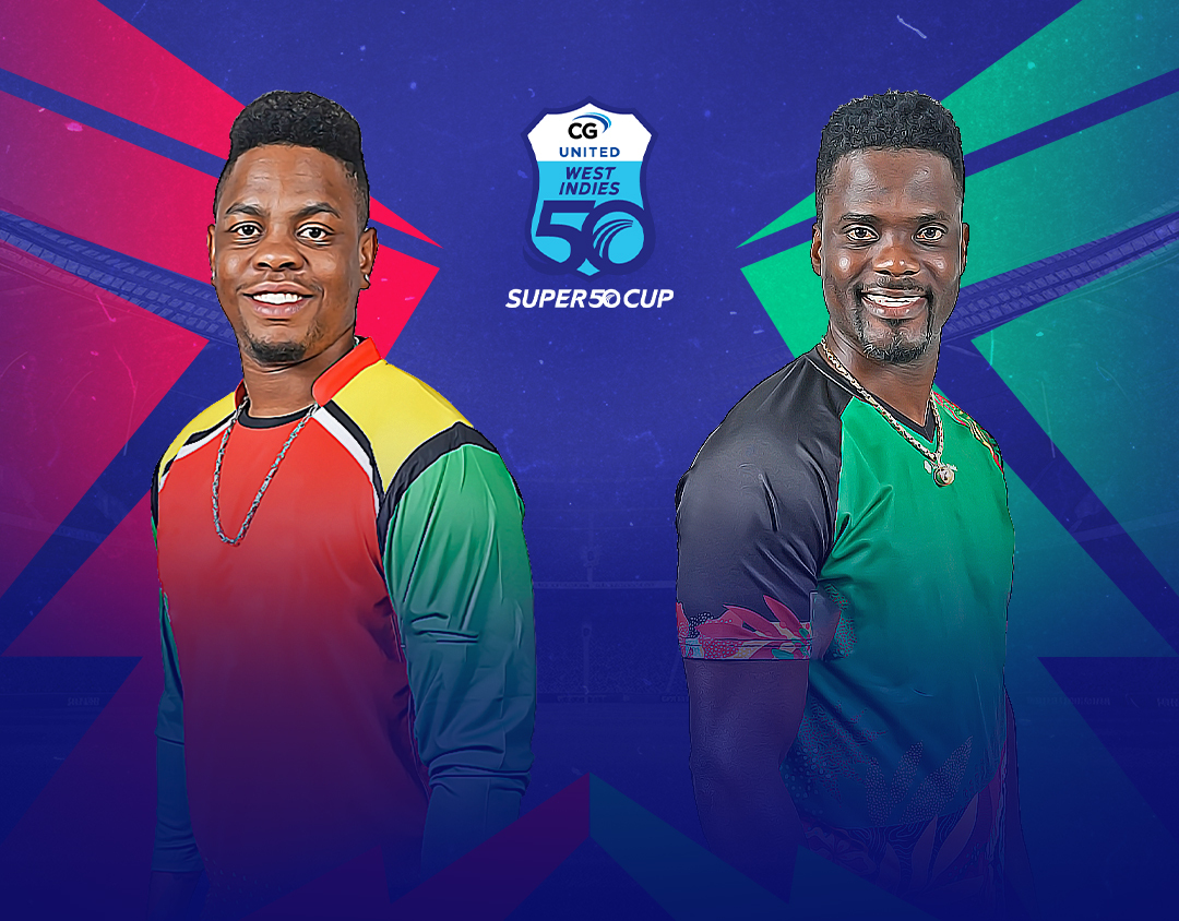 Match 2 of cg united super50 cup, 2023: guyana harpy eagles vs windward volcanoes banner