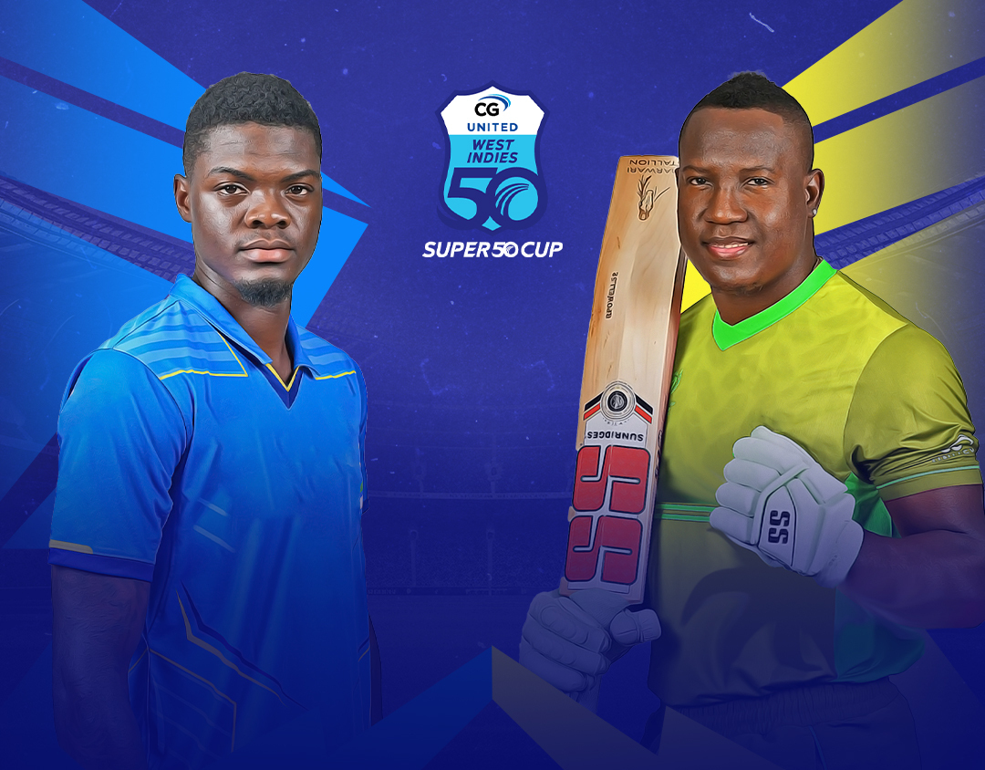 Match 3 of cg united super50 cup, 2023: leeward islands hurricanes vs jamaica scorpions banner