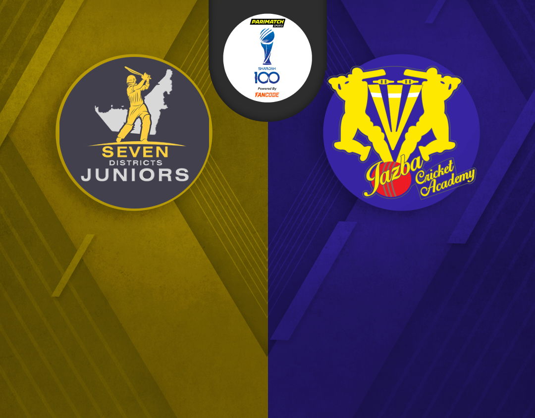 Plate semi final 2 of sharjah 100: seven districts juniors vs jazba cricket academy banner