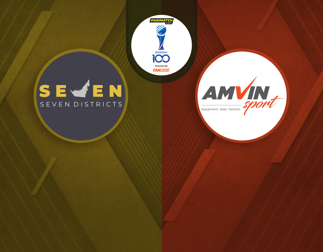 Match 12 of sharjah 100: seven districts vs amvin sports club banner