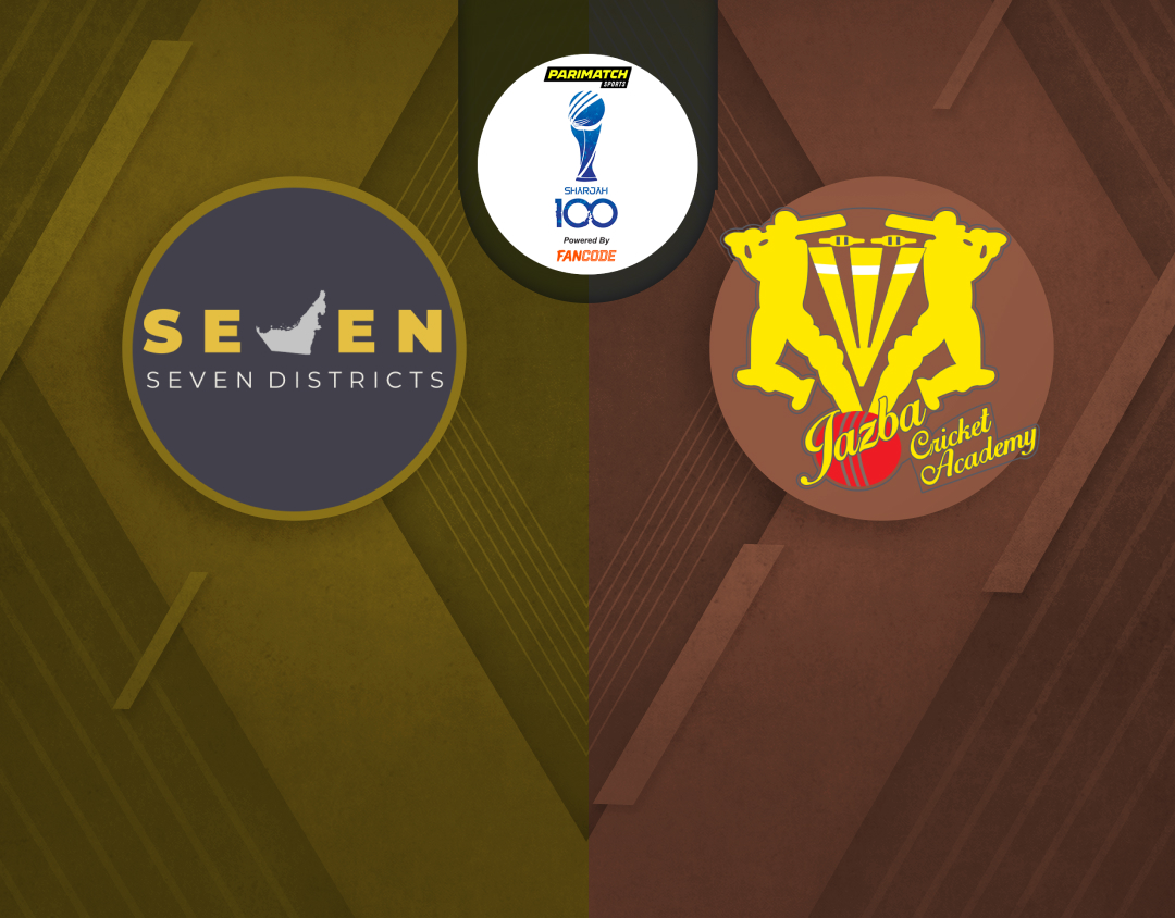 Match 13 of sharjah 100: seven districts vs jazba cricket academy banner