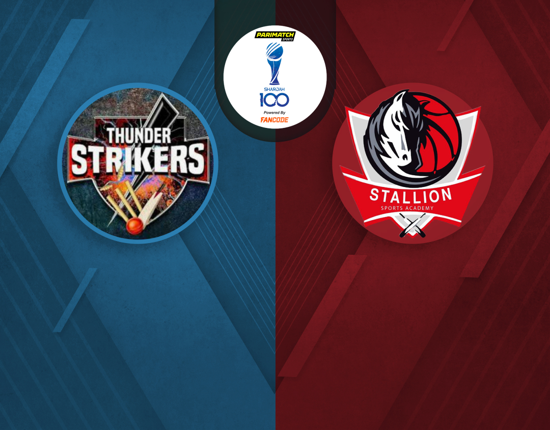 Match 16 of sharjah 100: thunder strikers vs stallions sports academy banner