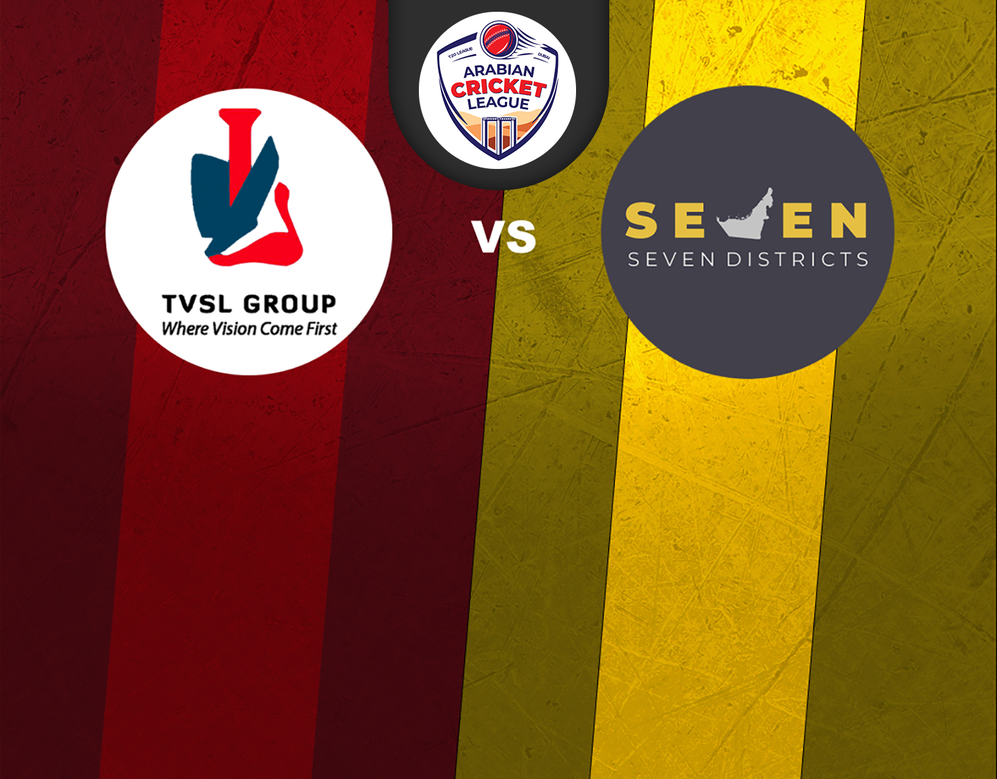 Match 8 of icca arabian cricket league round 2: the vision shipping vs seven districts banner