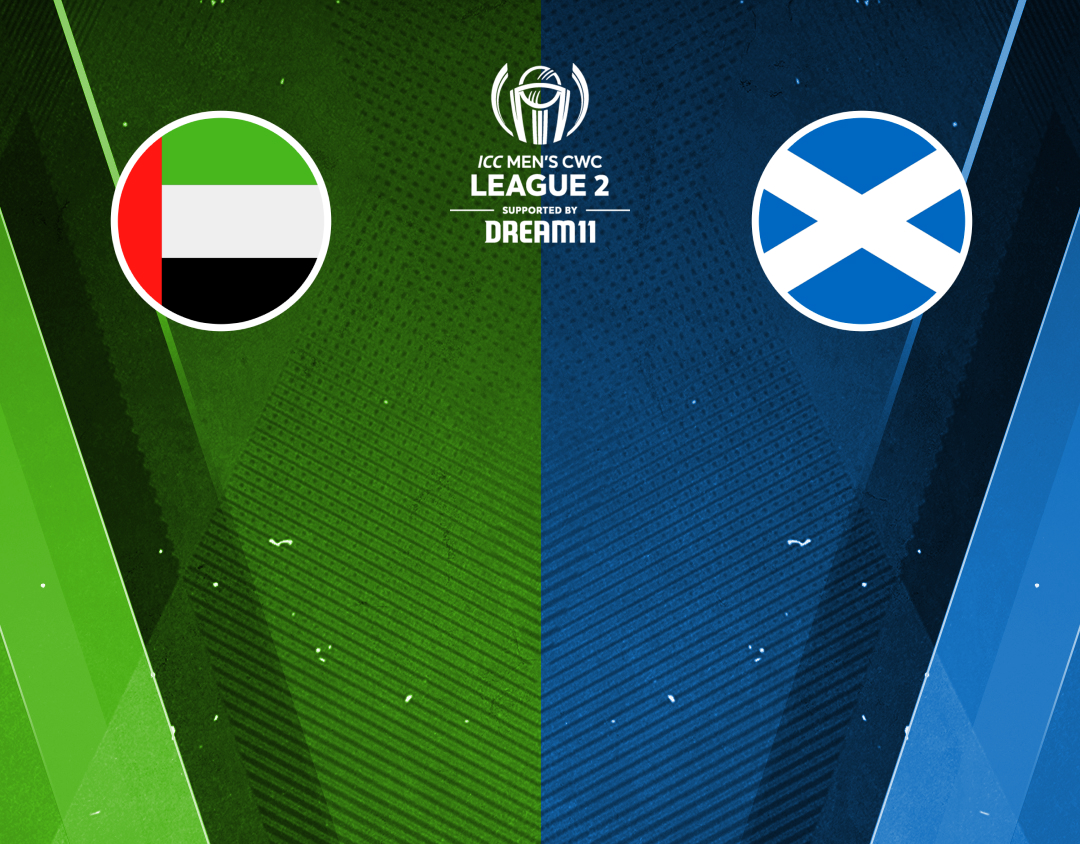 Match 6 of icc cwc league 2, 2023-27: united arab emirates vs scotland banner
