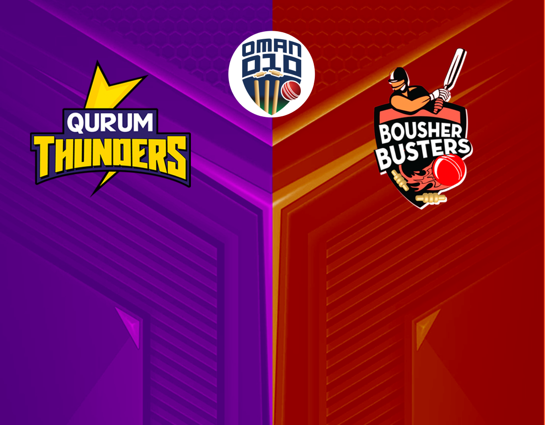 Match 25 of oman d10 league, 2024: qurum thunders vs bousher busters banner