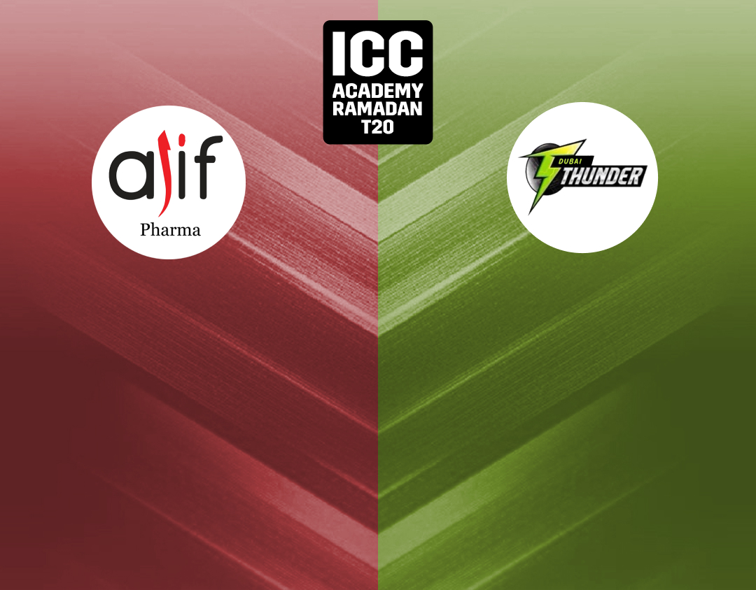 Match 9 of icc academy ramadan t20: alif pharma vs dubai thunders banner