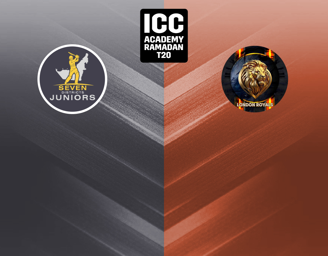 Match 5 of icc academy ramadan t20: seven districts juniors vs london royals banner