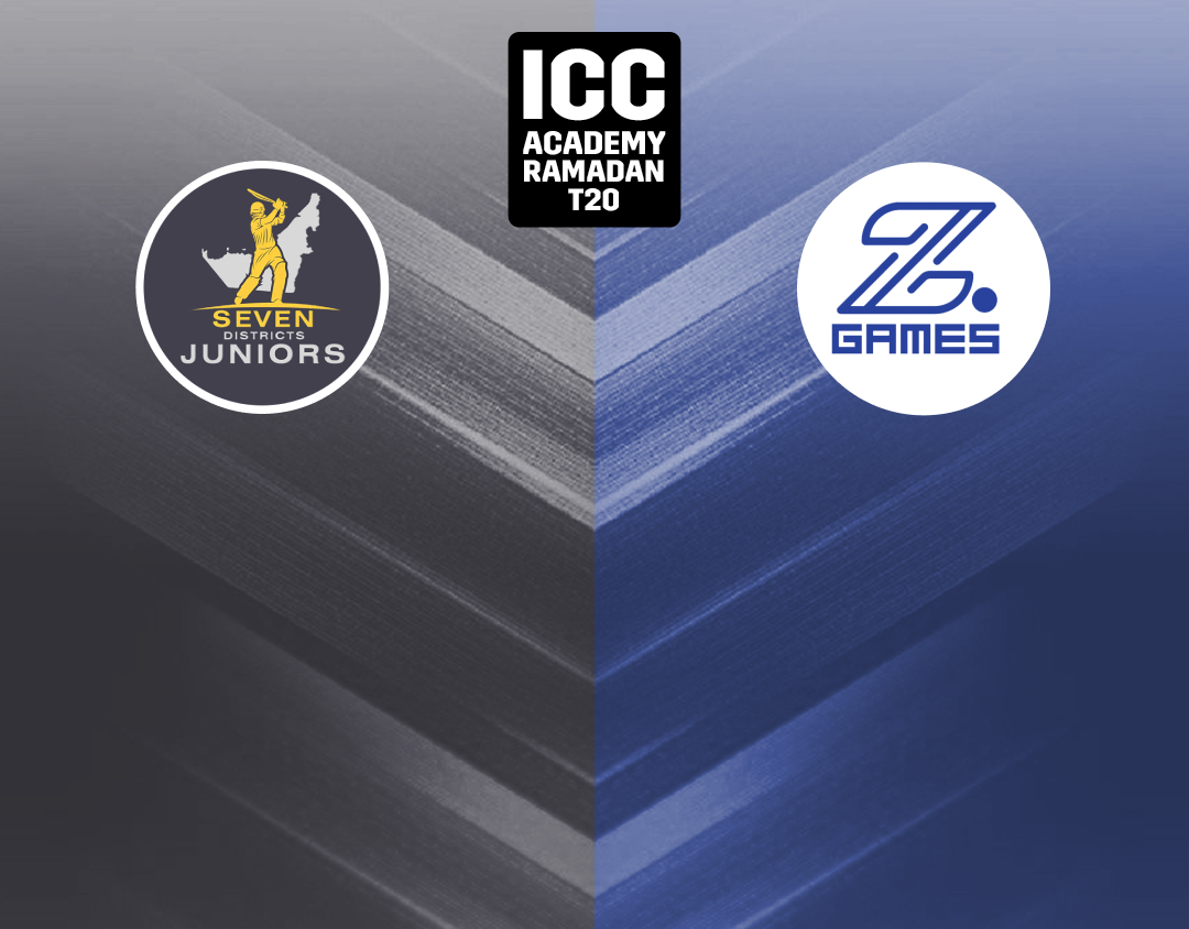 Match 7 of icc academy ramadan t20: seven districts juniors vs z games strikers banner