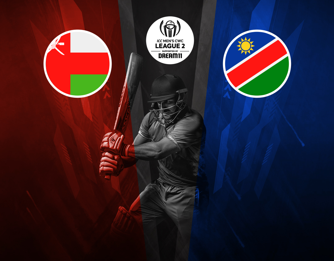 Match 5 of icc cwc league 2, 2023-27: oman vs namibia banner