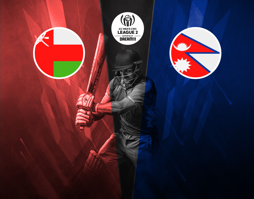 Match 34 of icc cwc league 2, 2023-27: oman vs nepal banner